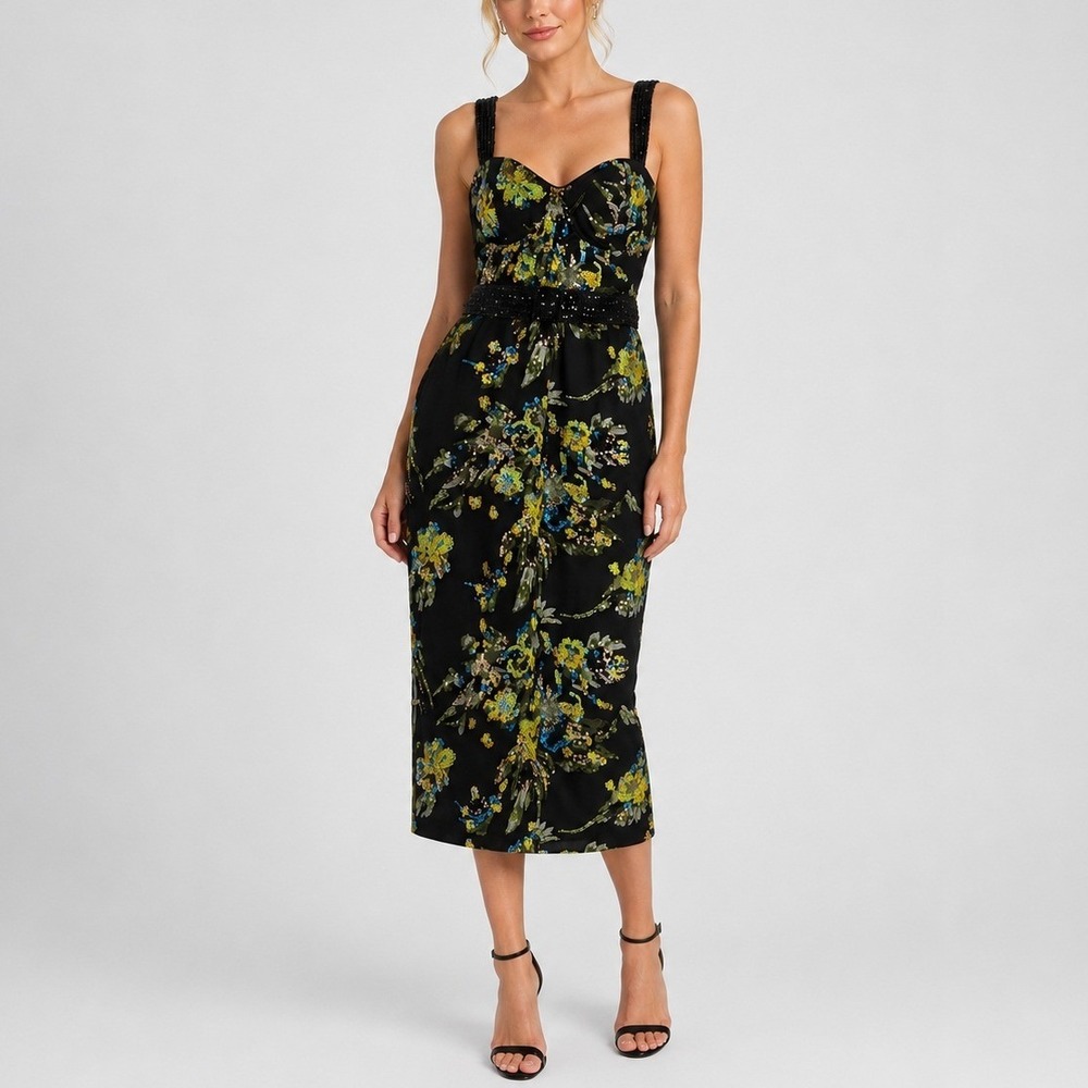 Badgley Mischka Midi Dress 10 Black Multi Floral Sequin Embroidered Formal‎